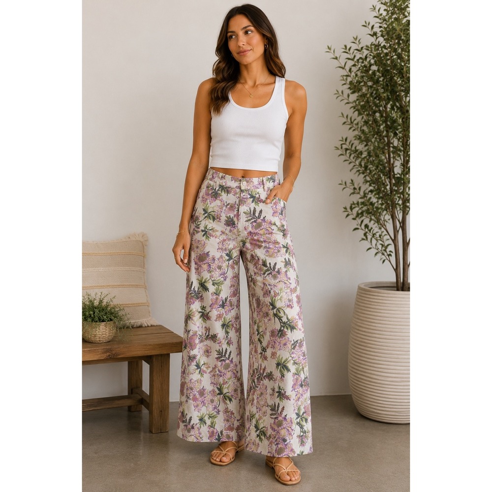 HM Women Floral Wide Leg High Rise Viscose Trousers White Purple Size 4